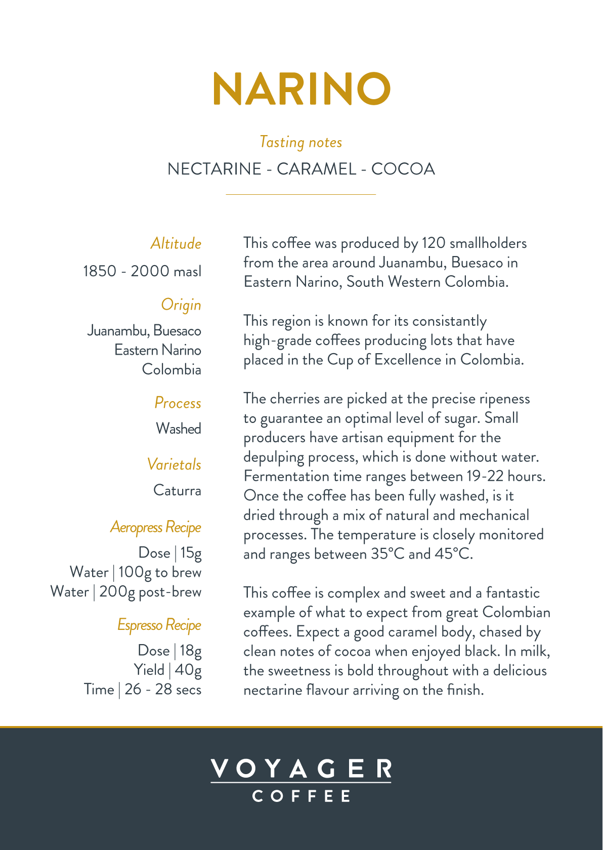 Voyager Narino Colombia Recipe Card Single Origin