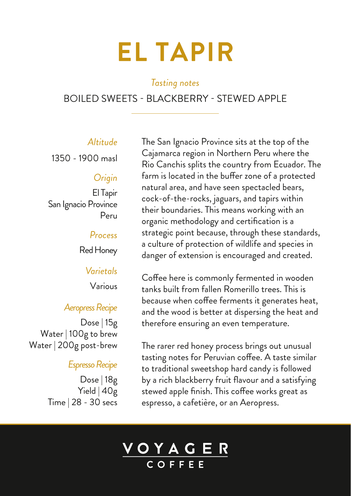 Peru Red Honey El Tapir Recipe Card